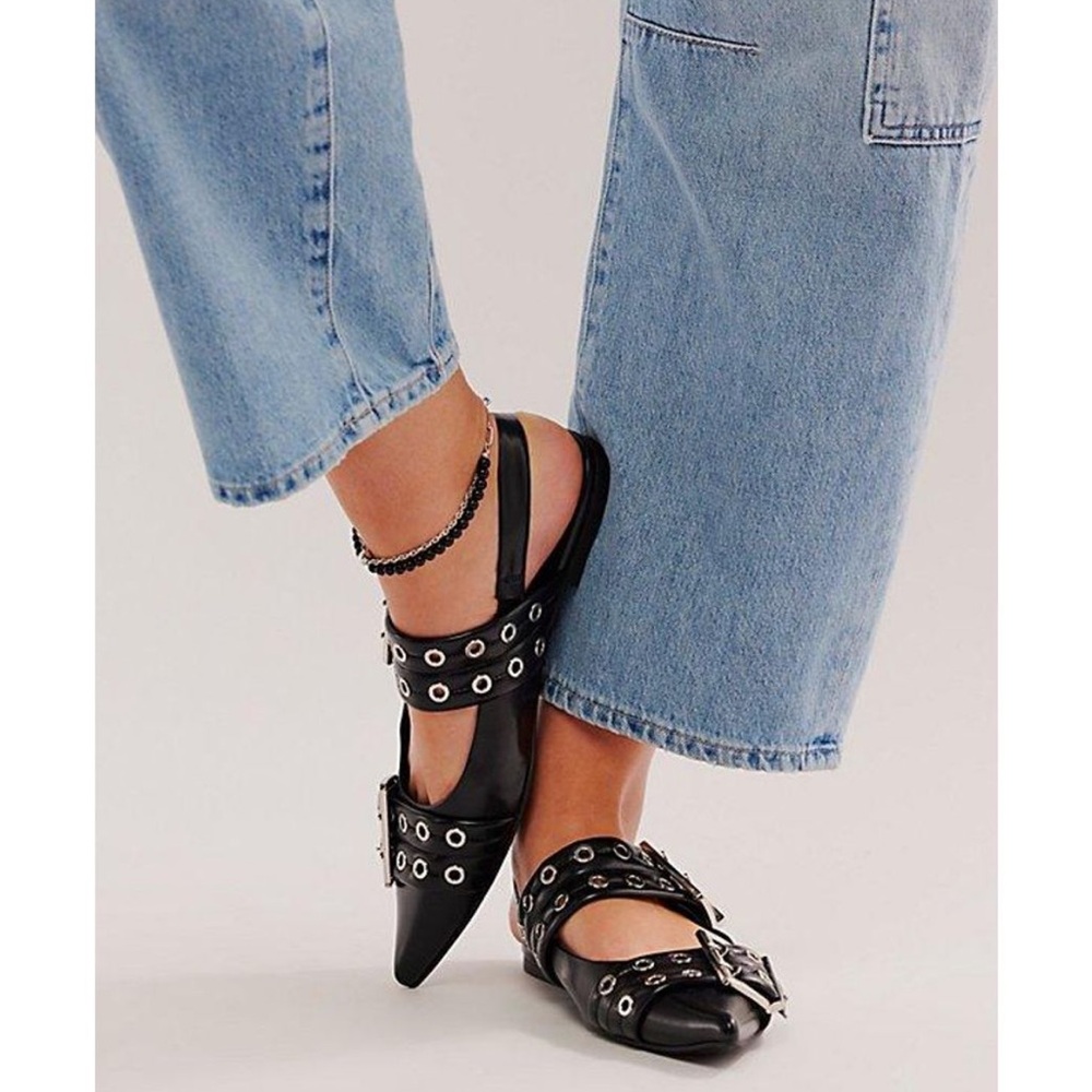Jeffrey Campbell Lilly Buckle Slingback Flats Sandals Sz 6 Black Silver NEW NIB - Picture 10 of 10